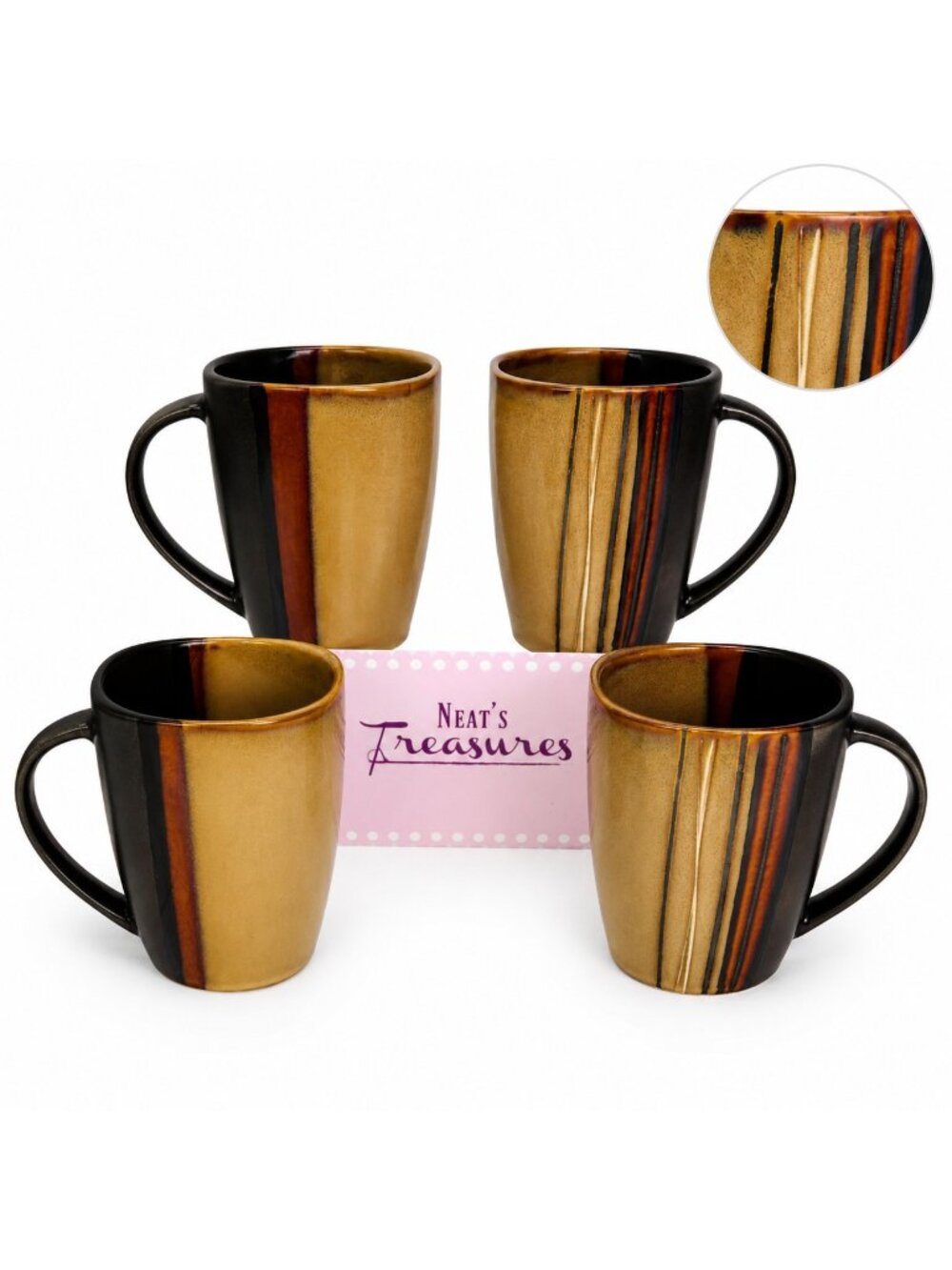 Home Trends BAZAAR BROWN Stoneware Square Stripe Large 16oz Cup Mugs Set of 4